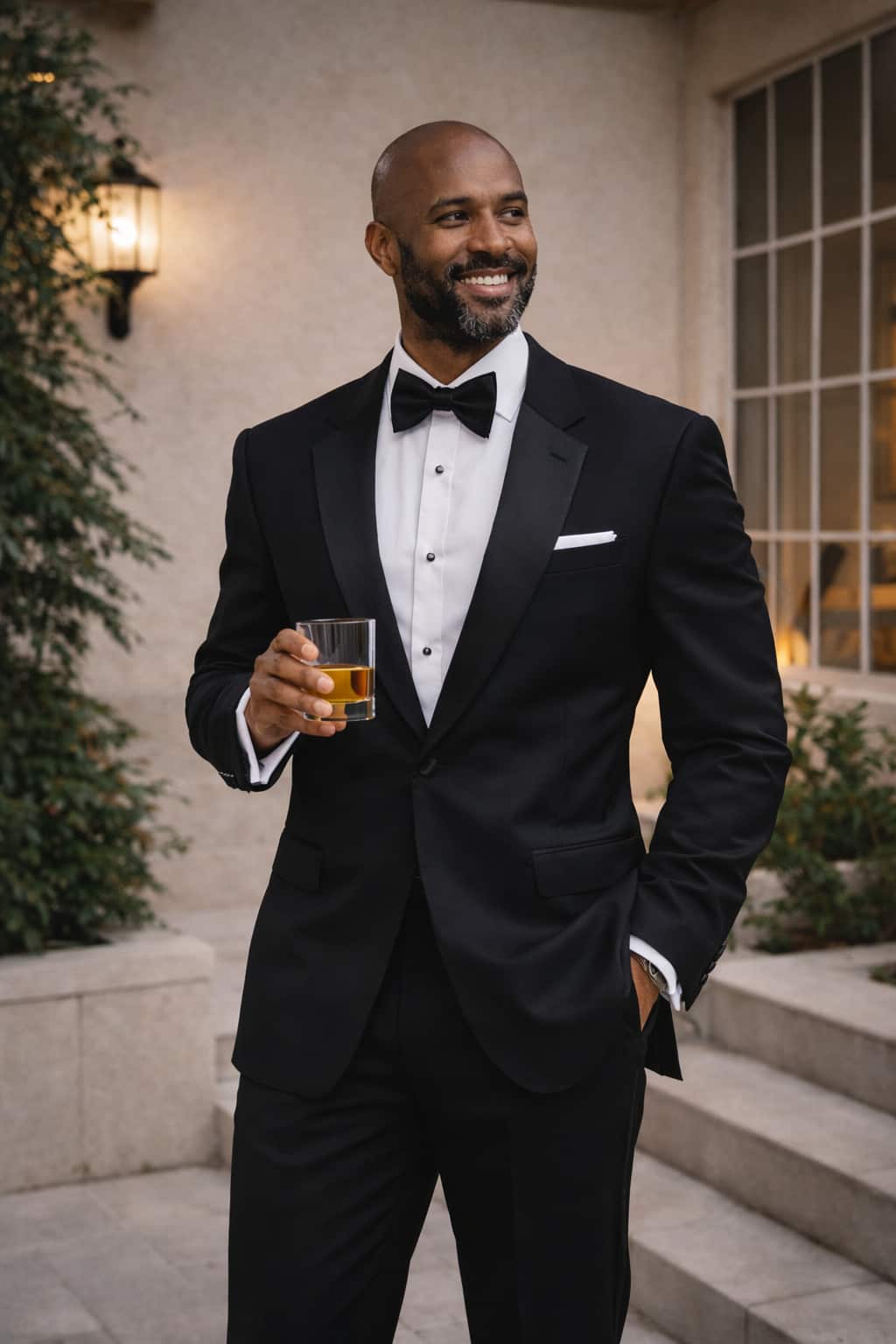 Black tuxedo tailored for a wedding or formal evening event