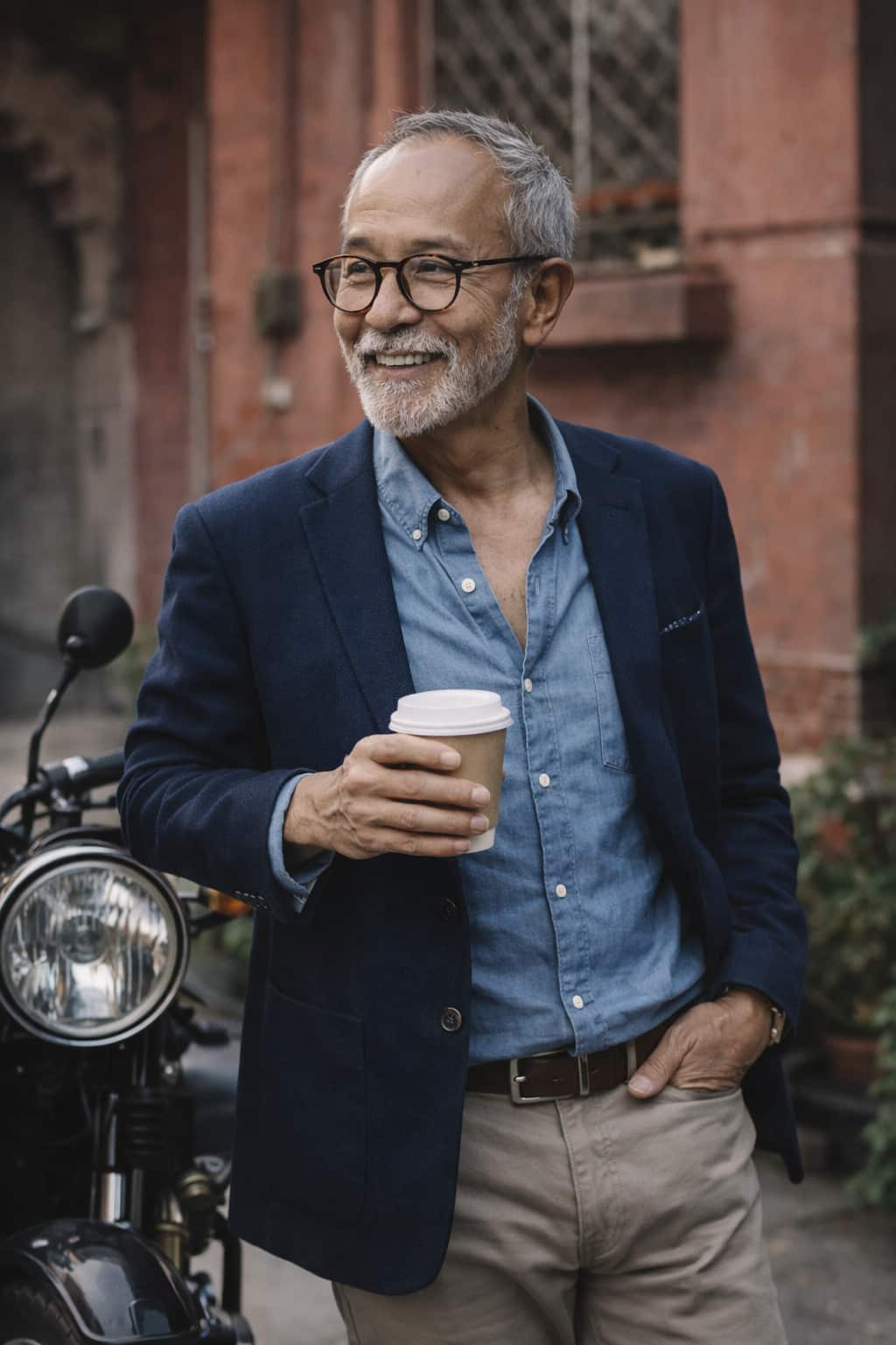 Navy tailored jacket styled for mature professional wear