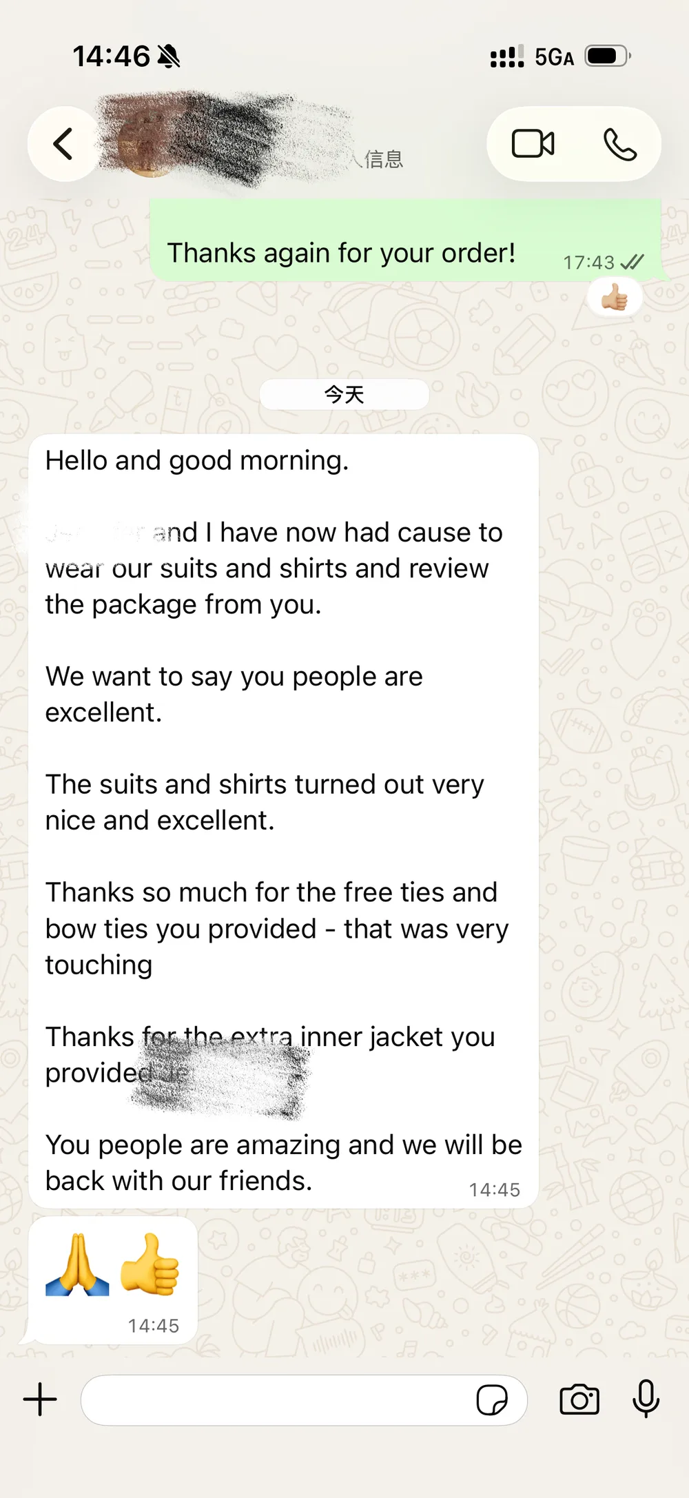 Redacted WhatsApp message from a customer after delivery of the 16-suit custom order