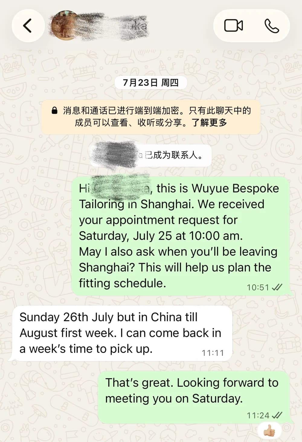 Redacted WhatsApp booking for a July 25 custom suit appointment at Wuyue Bespoke Tailoring in Shanghai