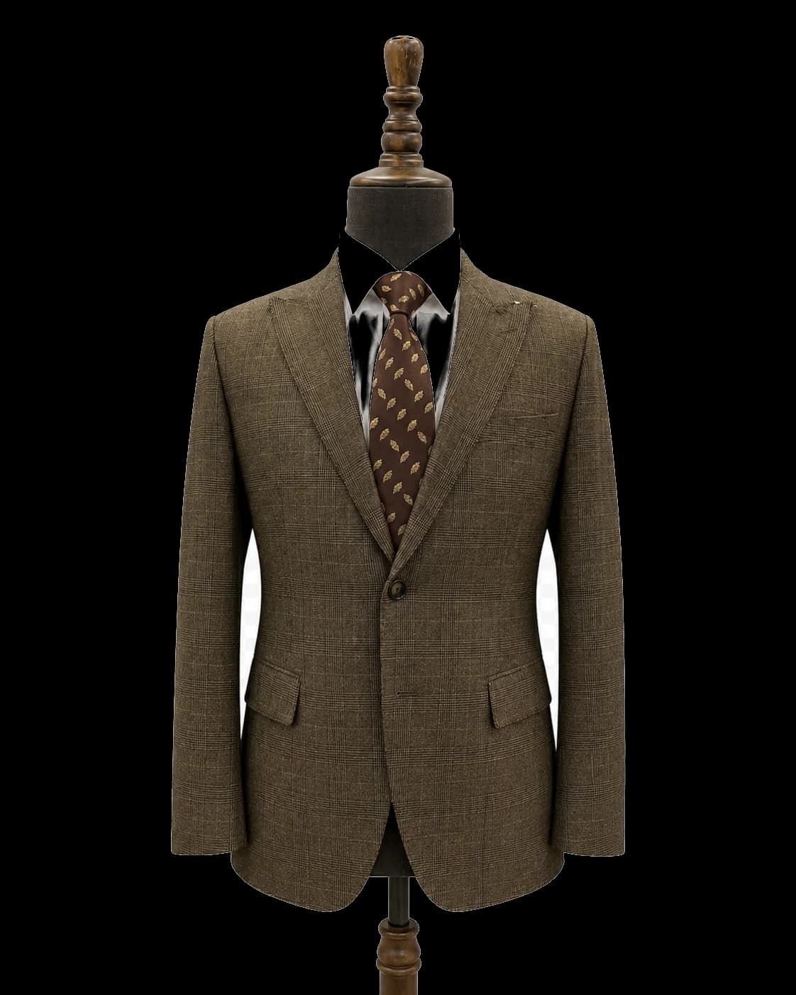Brown glen-check Wuyue custom blazer displayed on a tailoring form