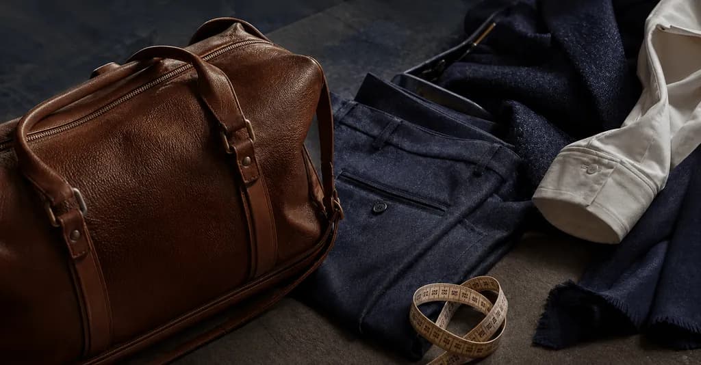 Suit trousers, white shirt, travel bag, scarf, and measuring tape prepared for a Shanghai tailor visit