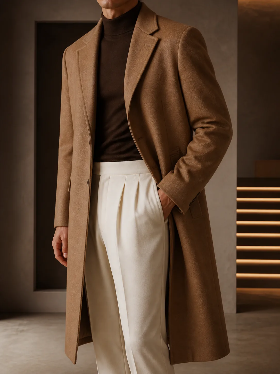 Camel custom wool overcoat with dark knitwear and cream pleated trousers in the Wuyue showroom