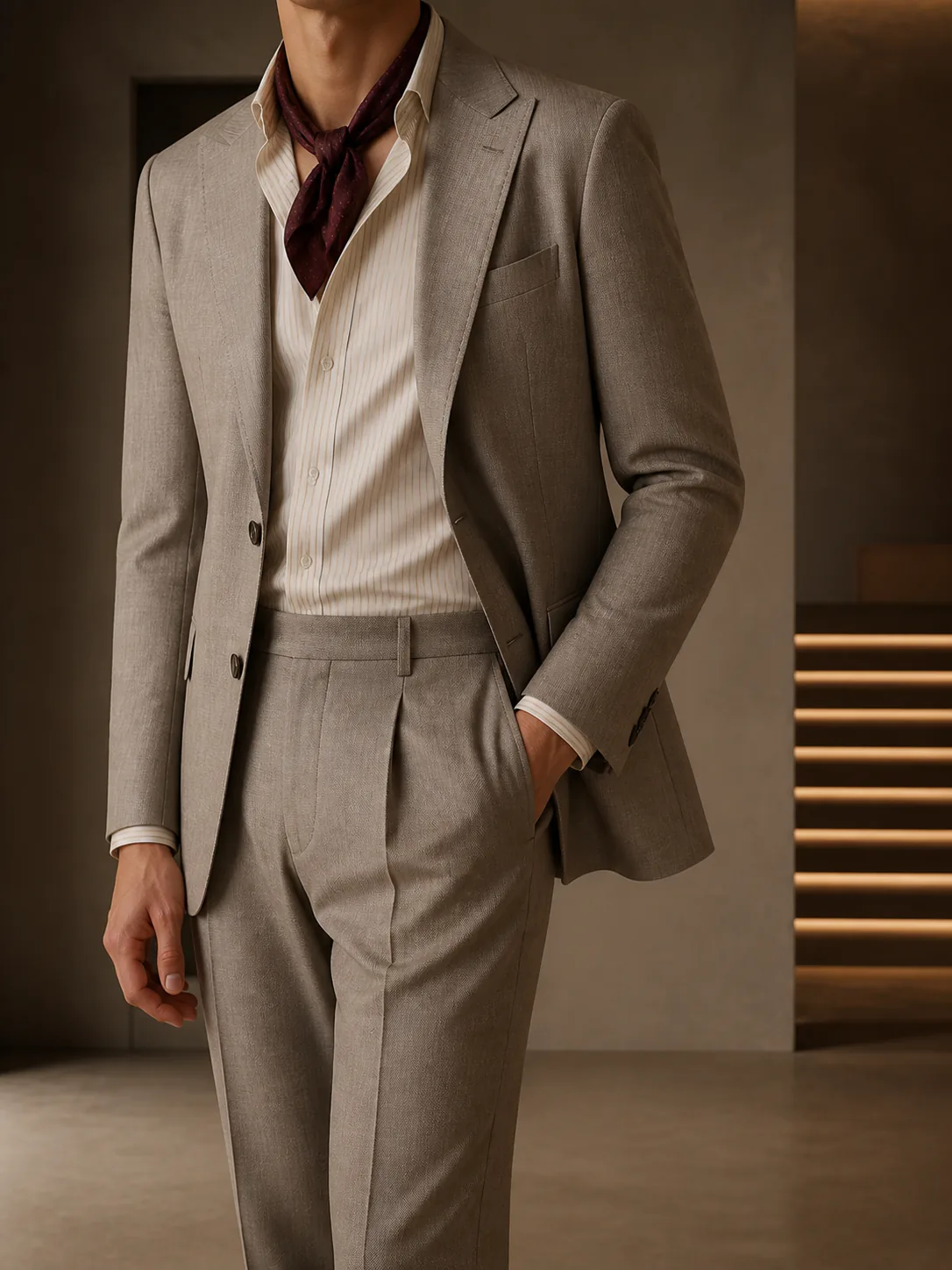 Taupe-grey custom suit on a model with a striped shirt and burgundy silk neck scarf in the Wuyue showroom