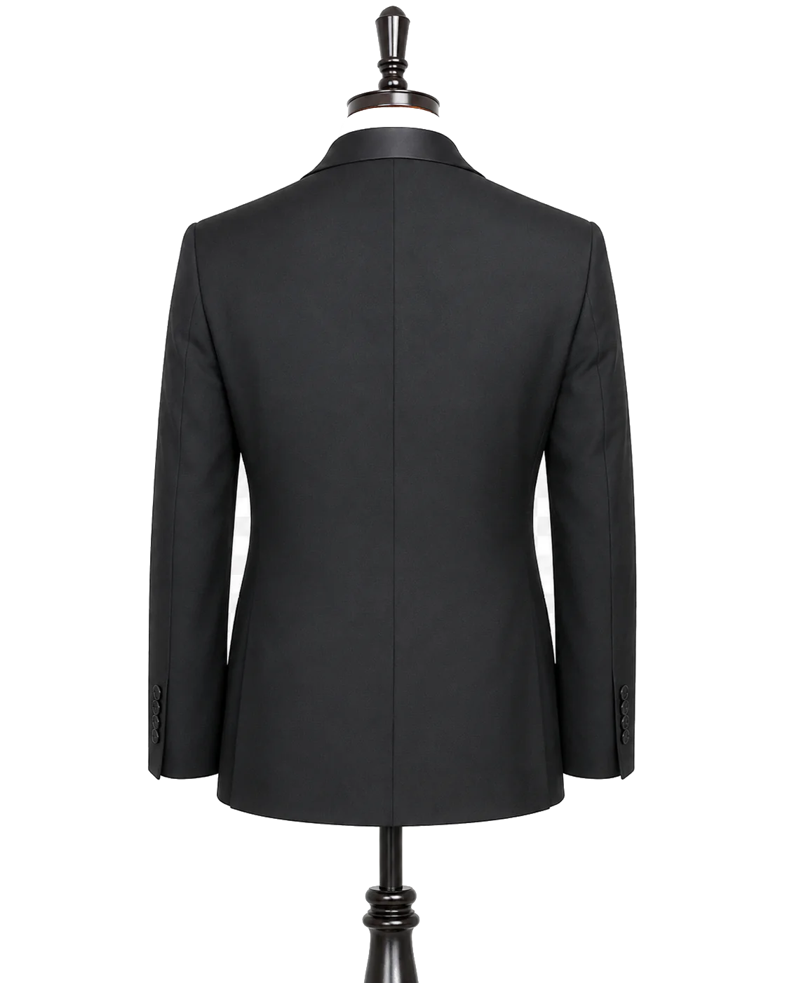 Back view of black shawl lapel wedding tuxedo on plain cream background