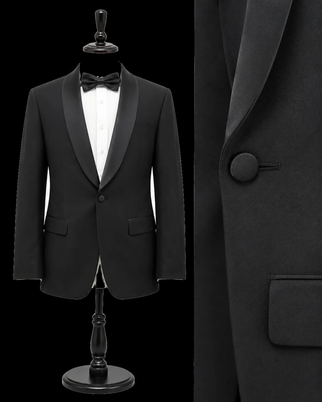 Button detail on black shawl lapel custom tuxedo