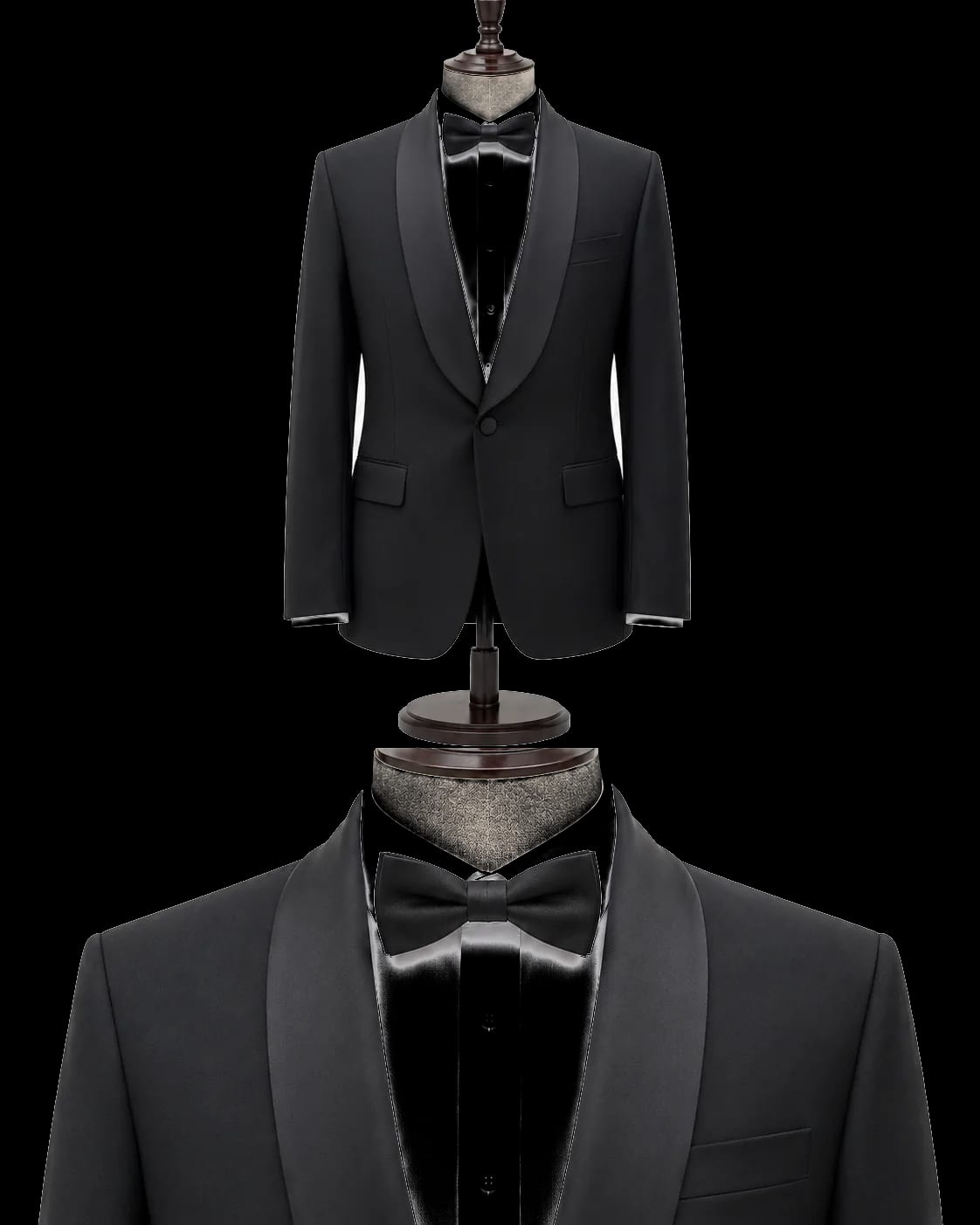 Satin shawl lapel detail on black bespoke wedding tuxedo