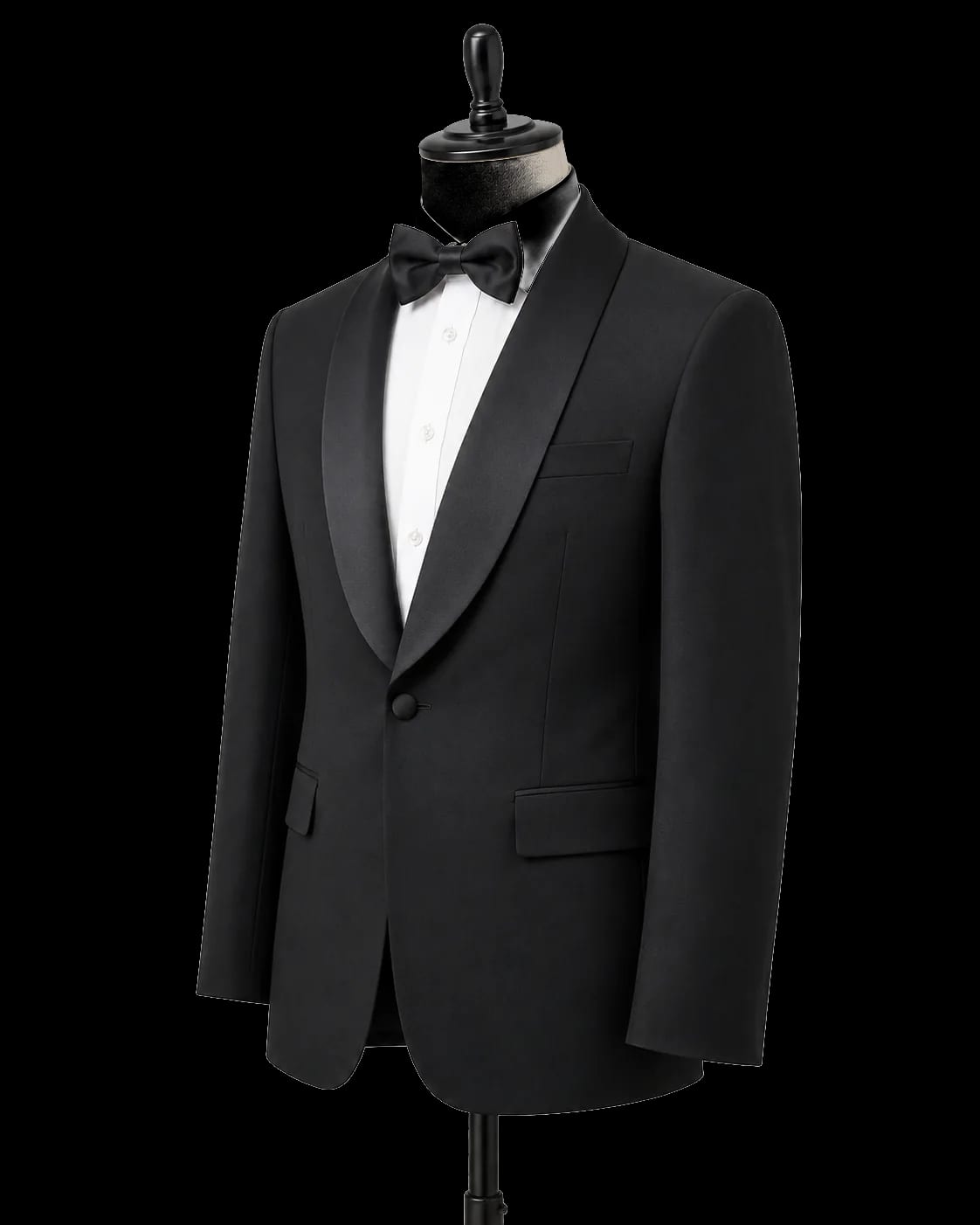 Black shawl lapel tuxedo side view with formal silhouette
