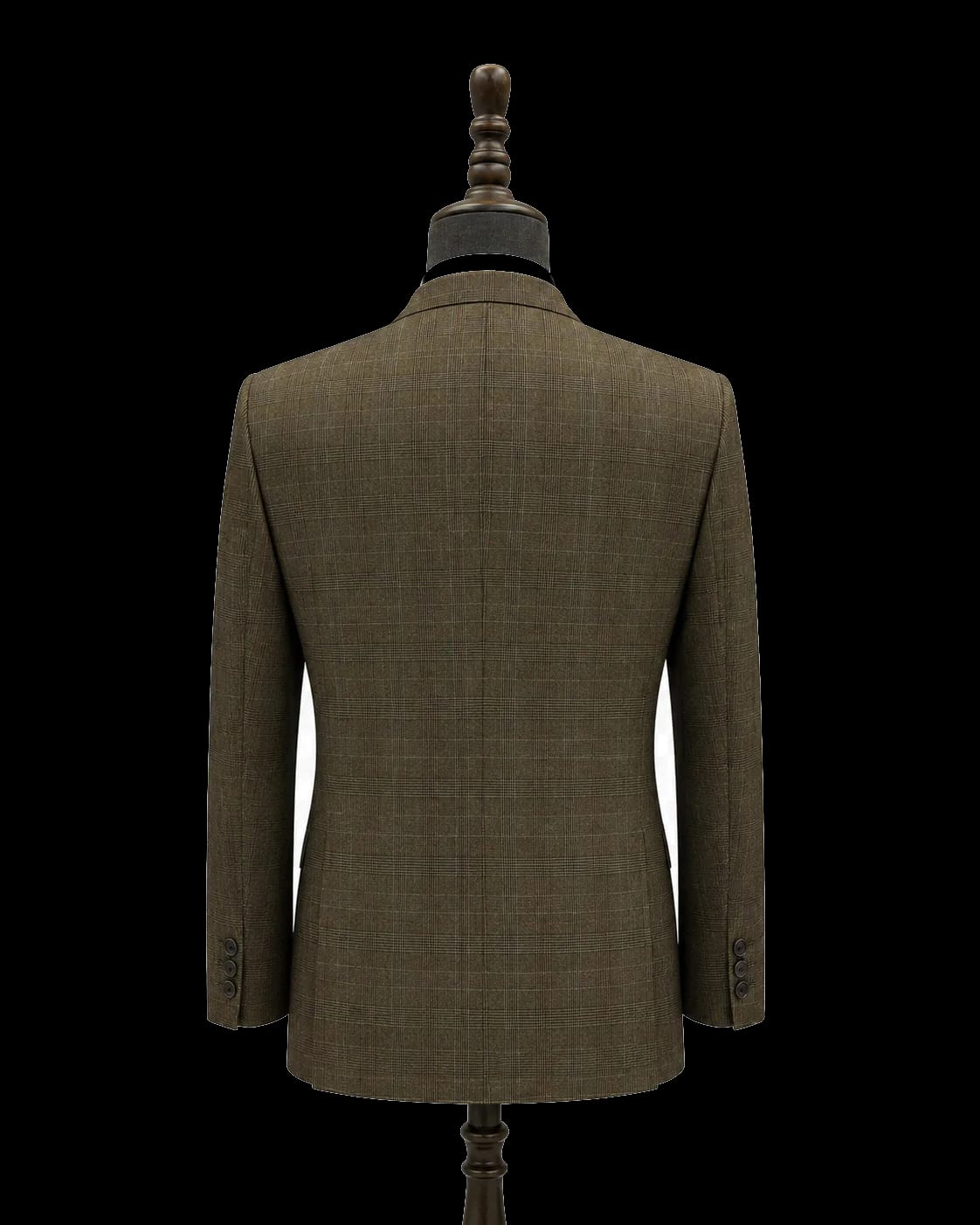 Back view of brown glen check bespoke blazer on plain cream background
