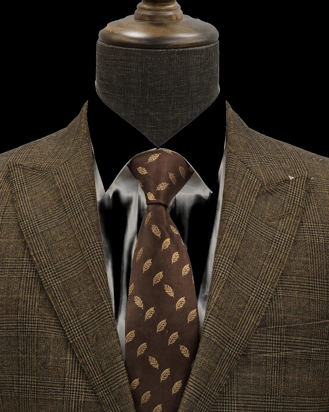 Notch lapel detail on brown glen check bespoke blazer