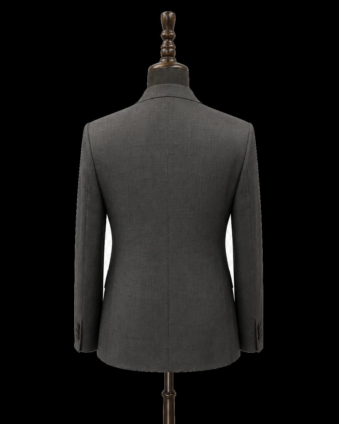 Back view of charcoal bespoke three-piece suit on plain cream background