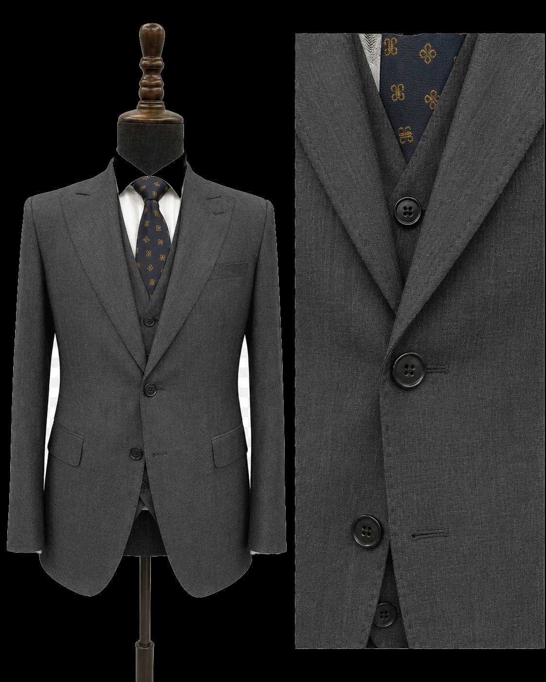 Button and cuff detail on charcoal custom three-piece suit