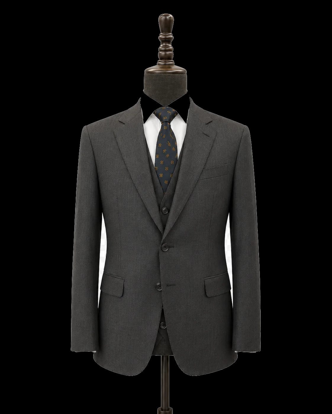 Shanghai bespoke charcoal three-piece suit front view with matching waistcoat