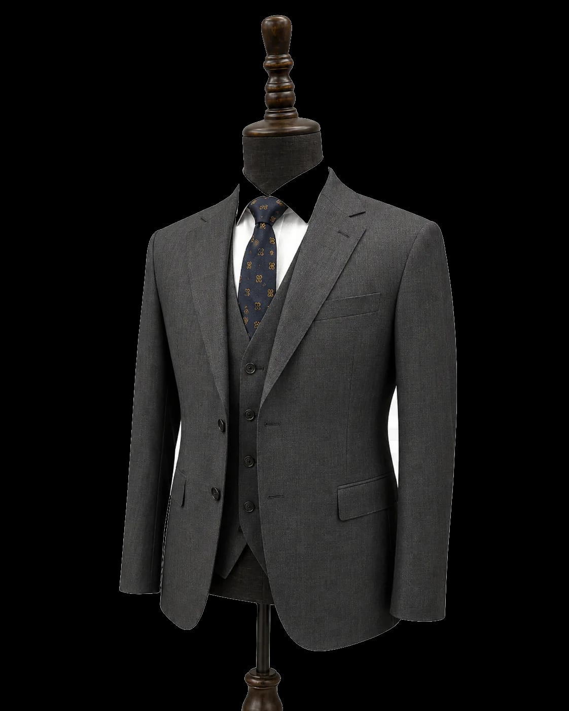 Notch lapel detail on charcoal three-piece bespoke suit