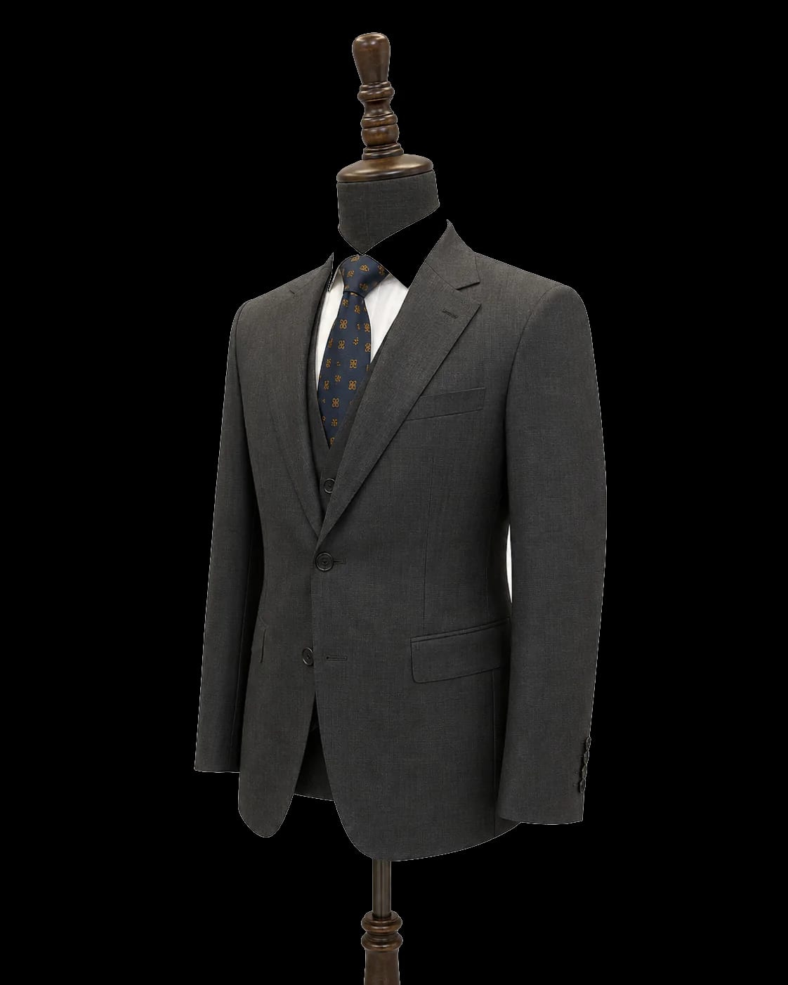 Charcoal three-piece custom suit side view showing tailored silhouette