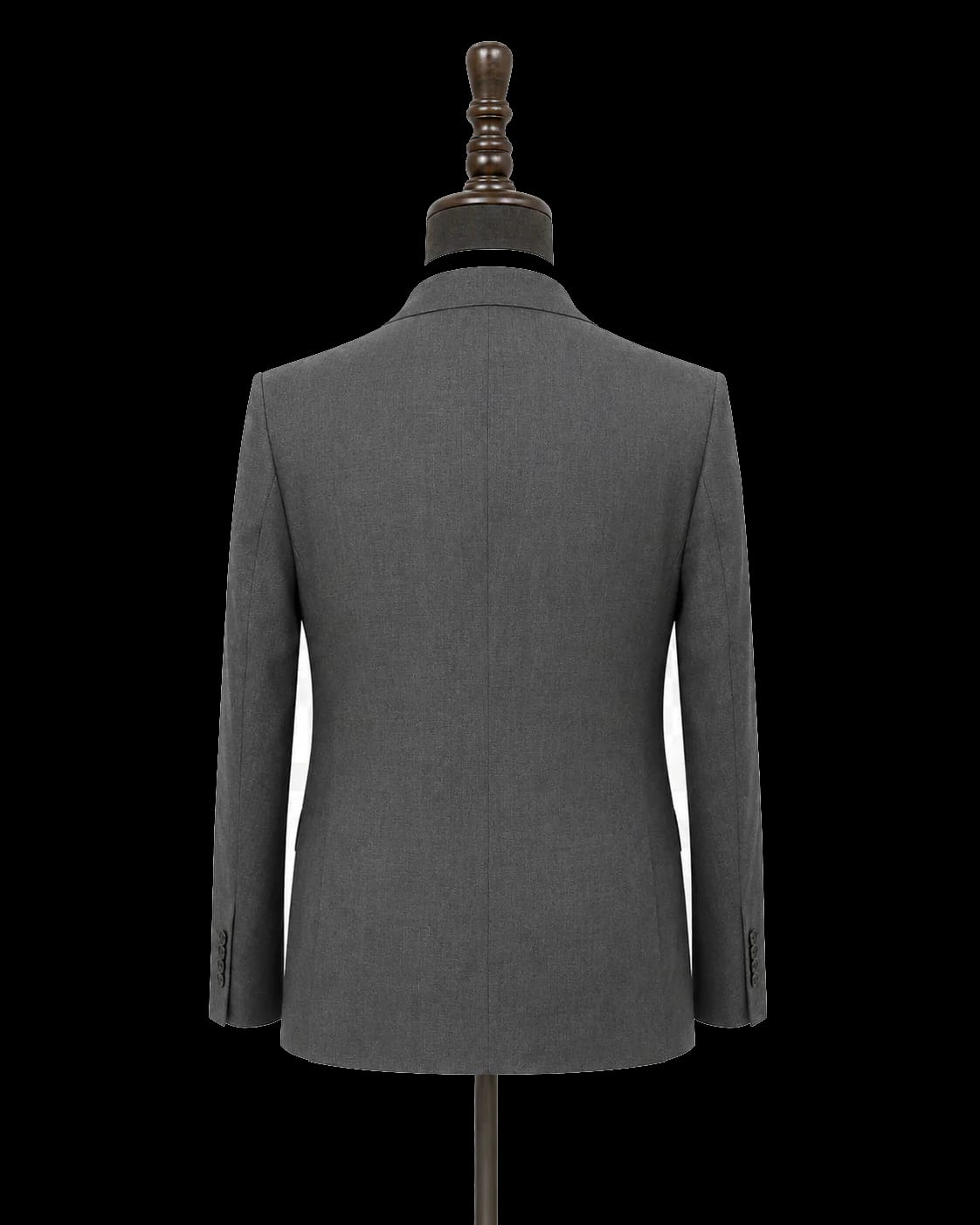 Back view of grey business bespoke jacket on plain cream background