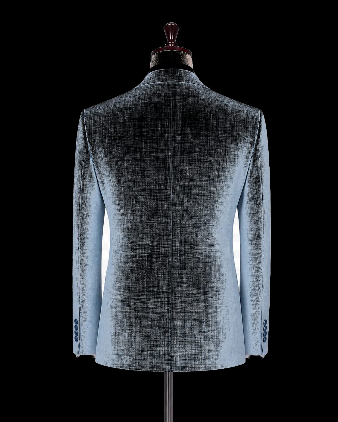 Back view of light blue summer bespoke blazer on plain cream background