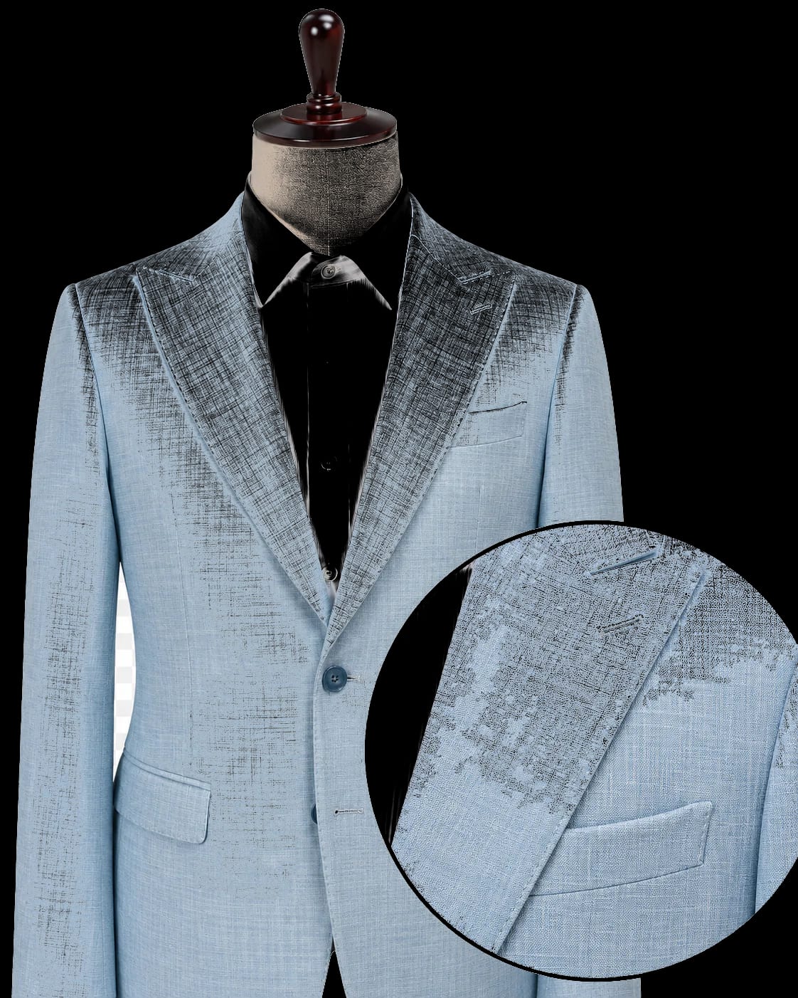 Button and sleeve detail on light blue bespoke blazer