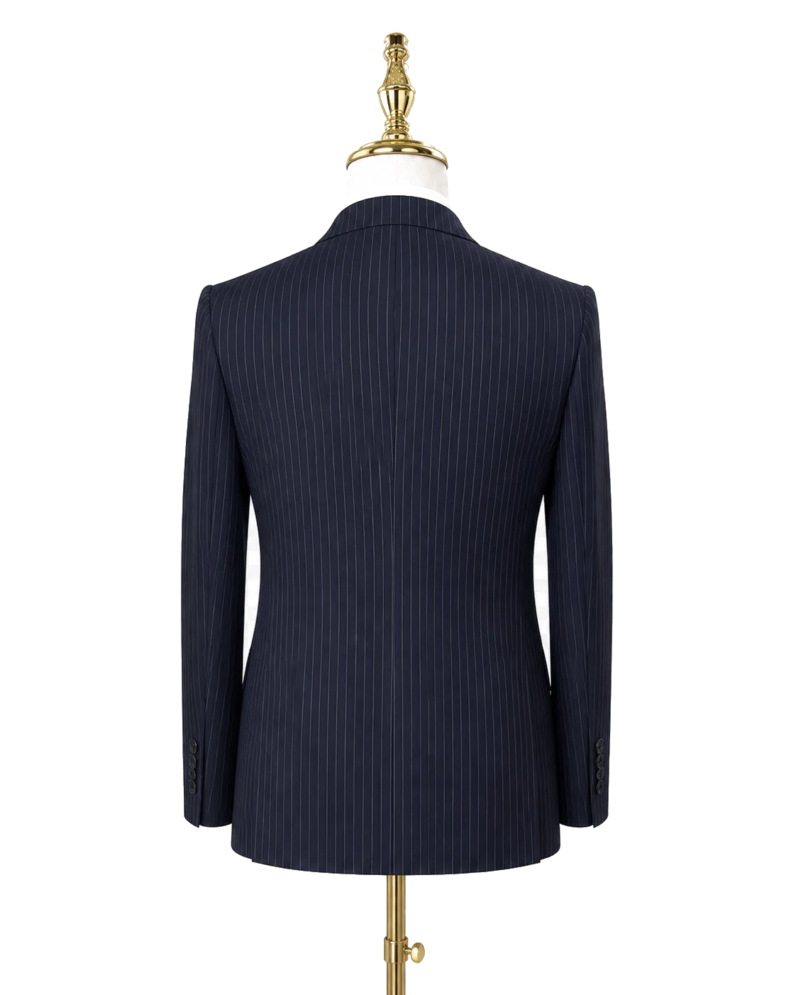 Back view of navy pinstripe double-breasted bespoke suit on plain cream background