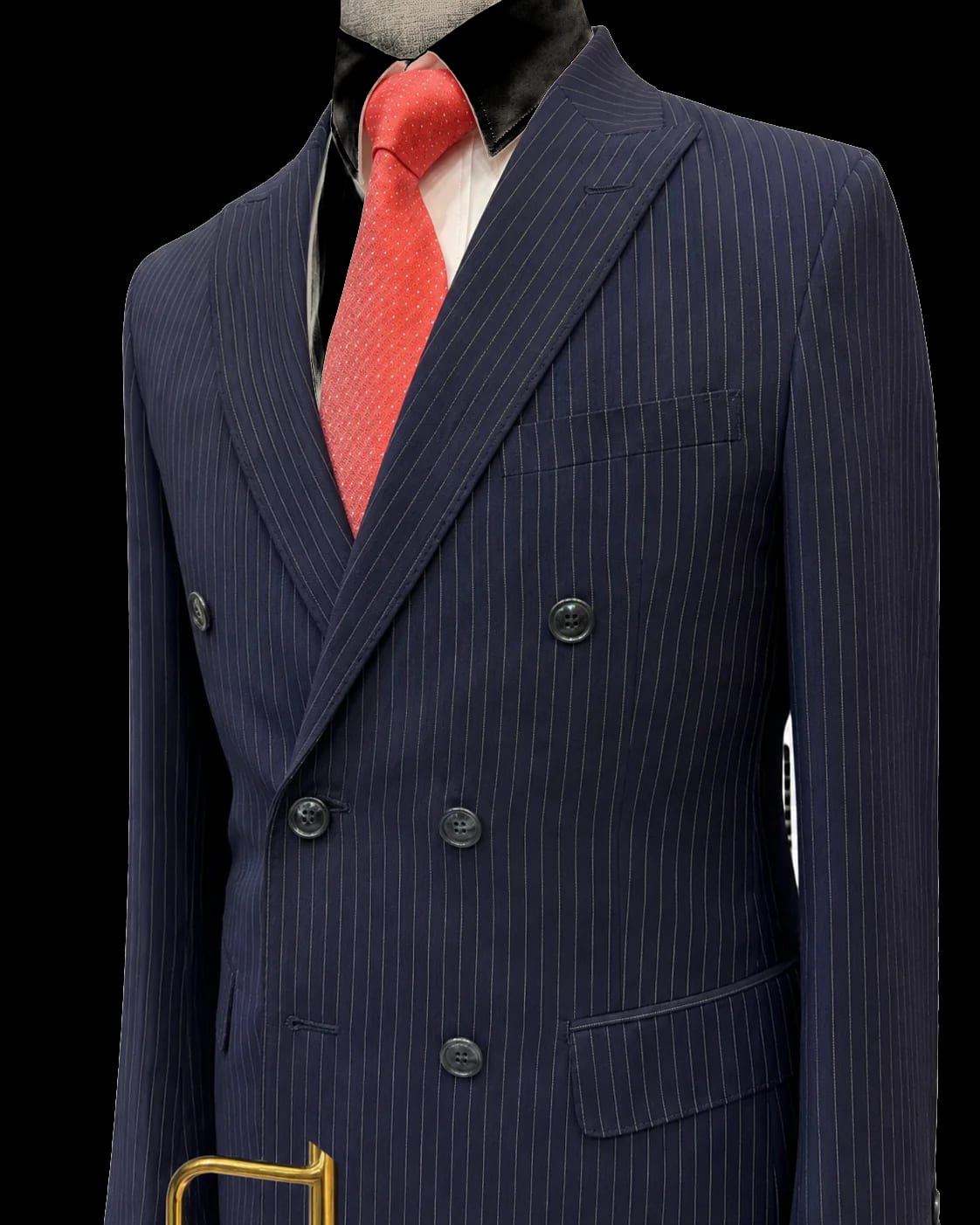 Button detail on navy pinstripe double-breasted bespoke suit