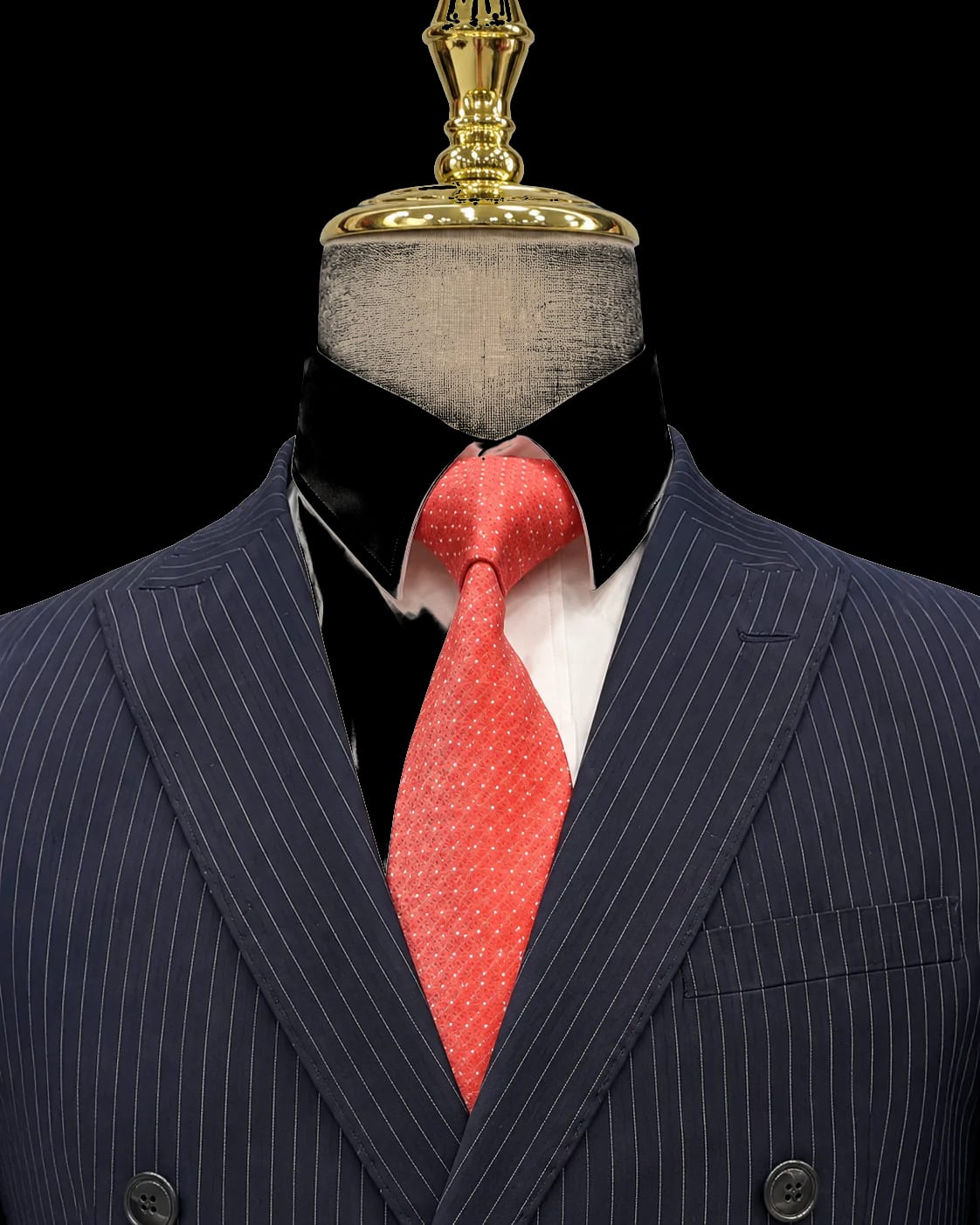 Close detail of navy pinstripe bespoke suit lapel and chest