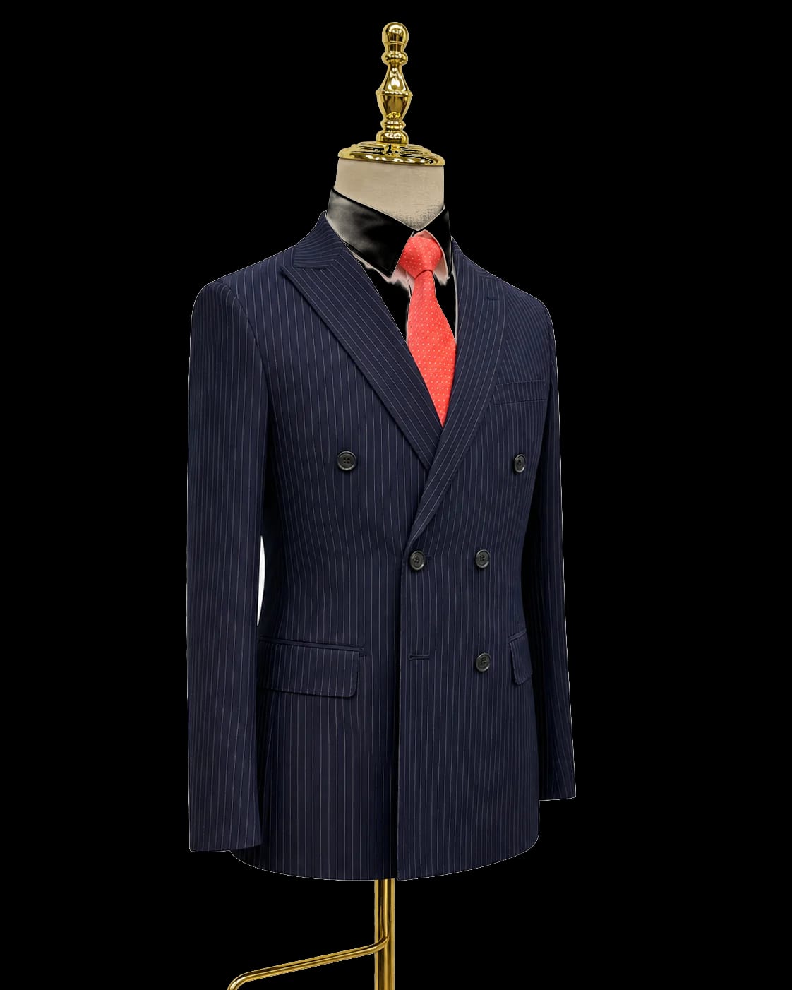 Navy pinstripe double-breasted custom suit side view
