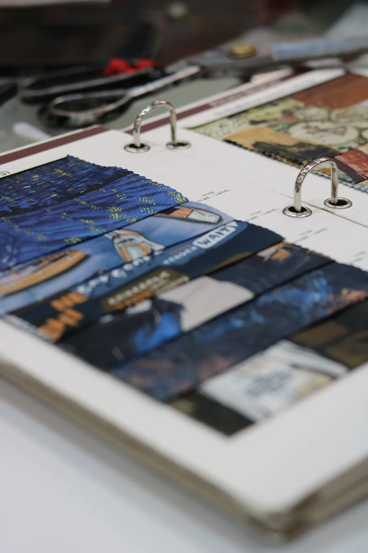 Blue illustrated lining samples in a ring-bound book
