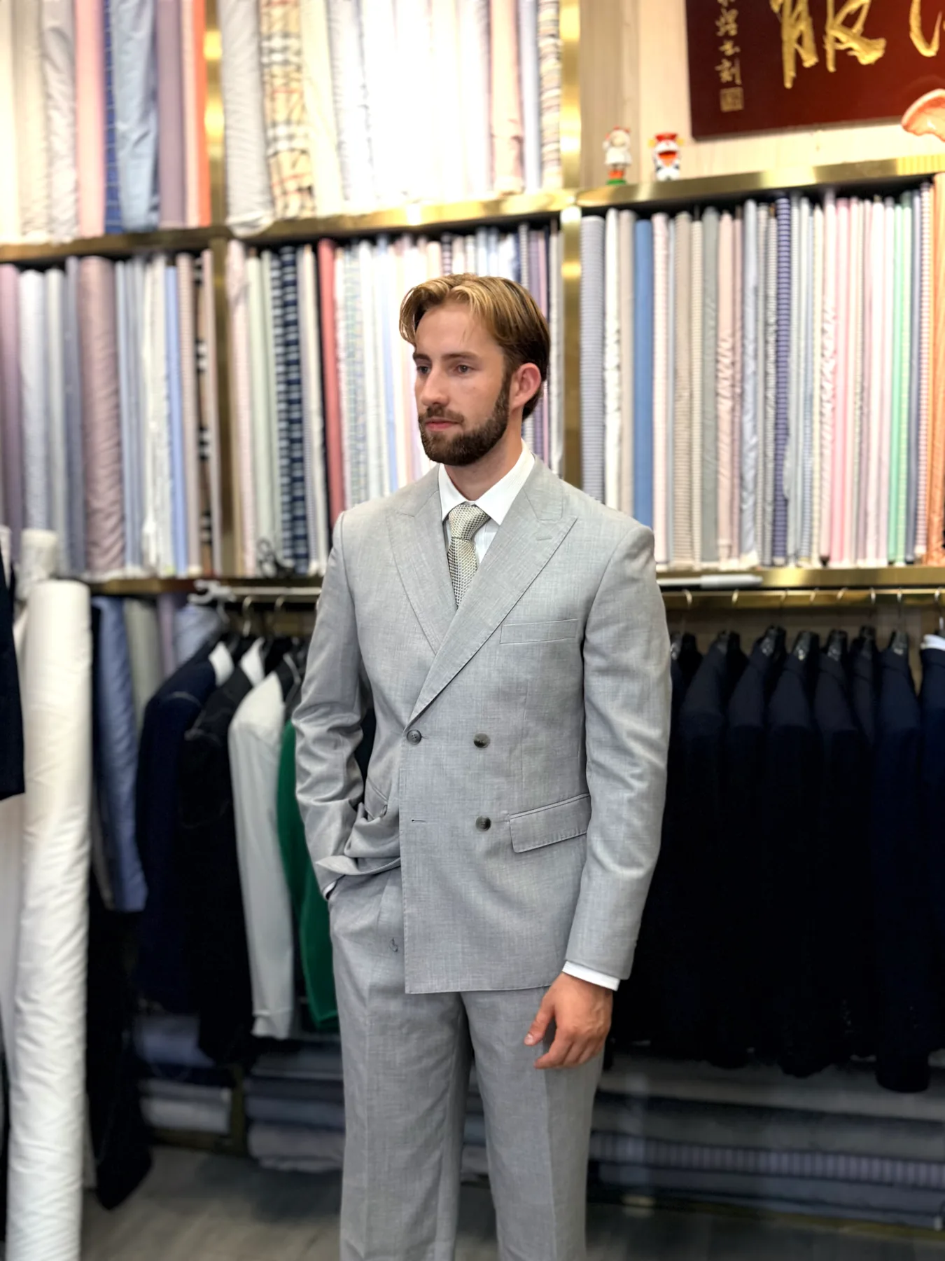 Client in a light-colored double-breasted suit with a pale tie at Wuyue Shanghai