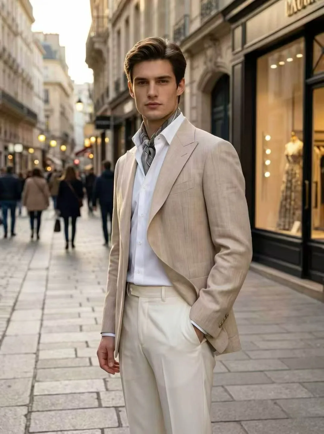 Model wearing a light beige custom suit jacket with ivory trousers on a city street