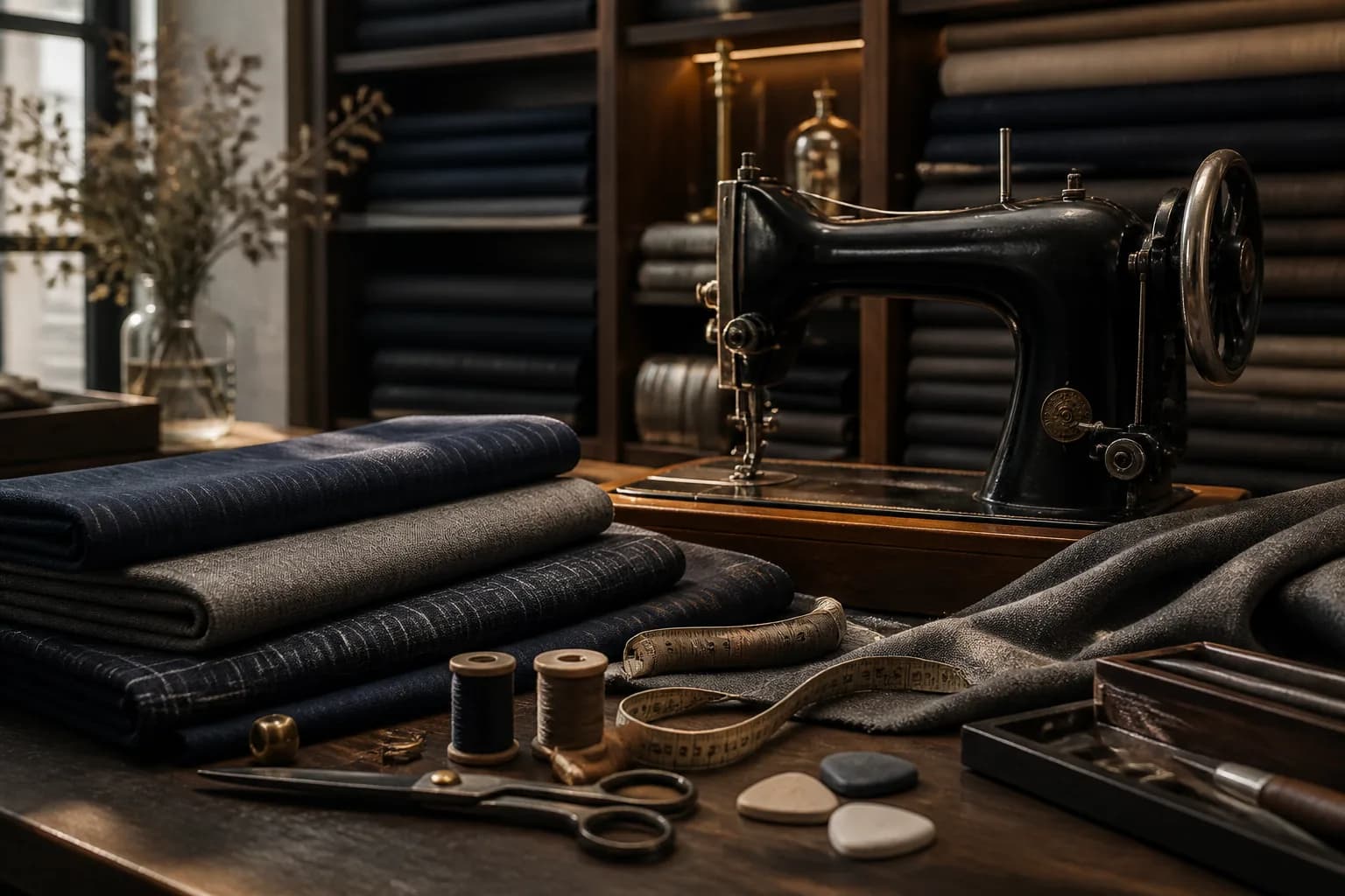 Suit cloth, tailoring tools, and a sewing machine in a tailoring workspace