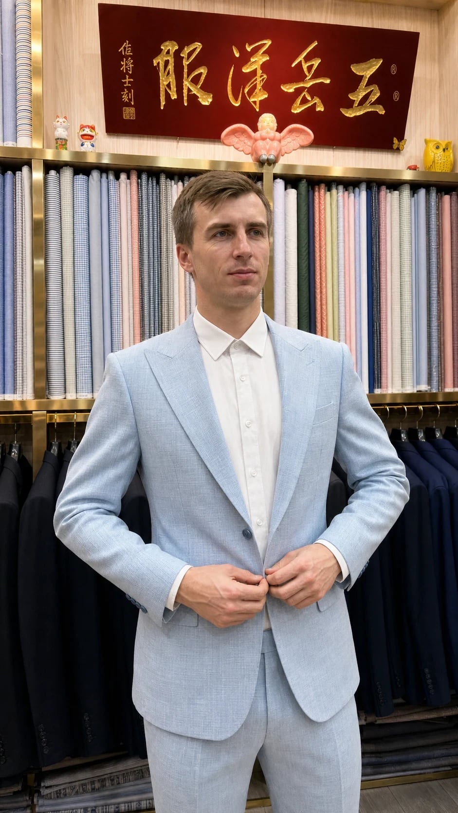 Closer front portrait of a finished pale-blue two-piece suit inside Wuyue Shanghai