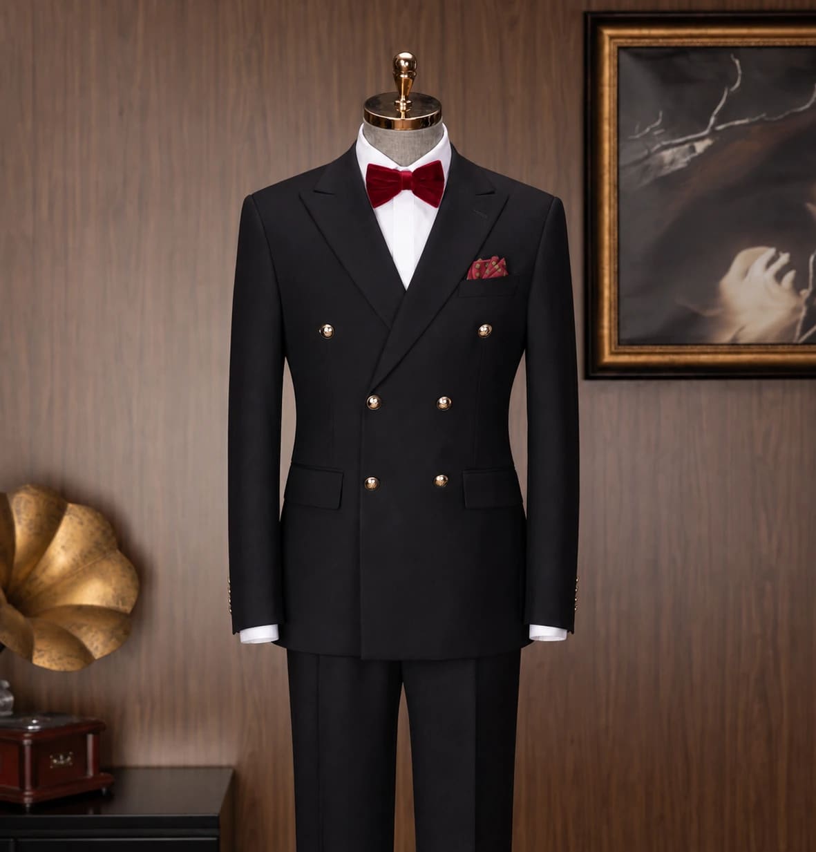 Black double-breasted, Burgundy bow tie, Wedding formalwear from the Wedding Collection at Wuyue Bespoke Tailoring Shanghai