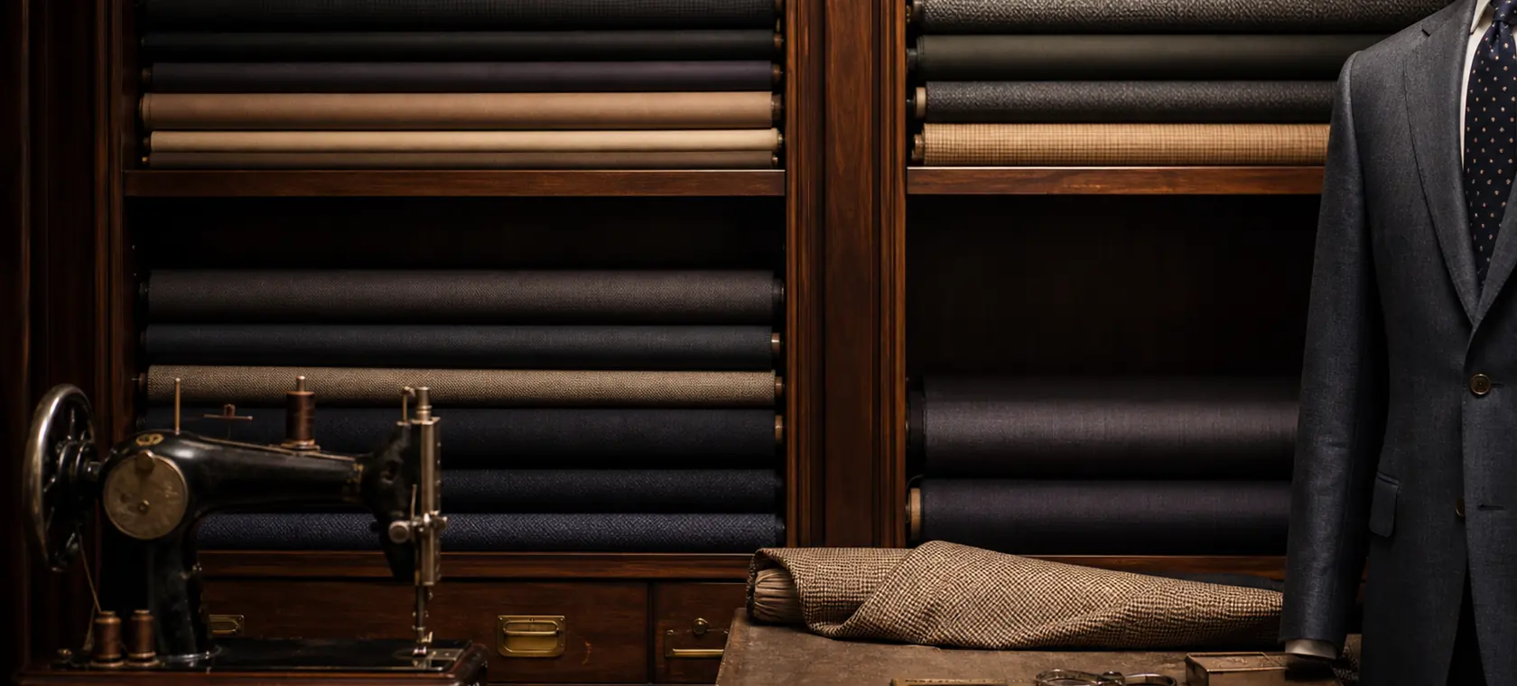 Tailoring atelier shelves with wool fabrics, sewing machine, and bespoke suit jacket