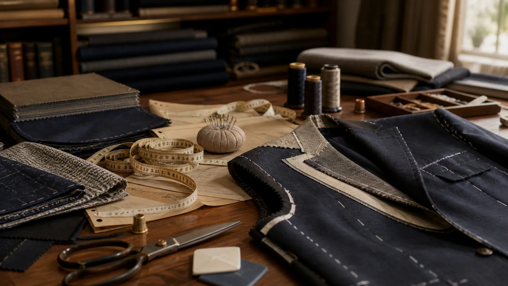 Bespoke tailoring process worktable with fabric swatches, measuring tape, paper patterns, chalk, and a partially constructed suit jacket