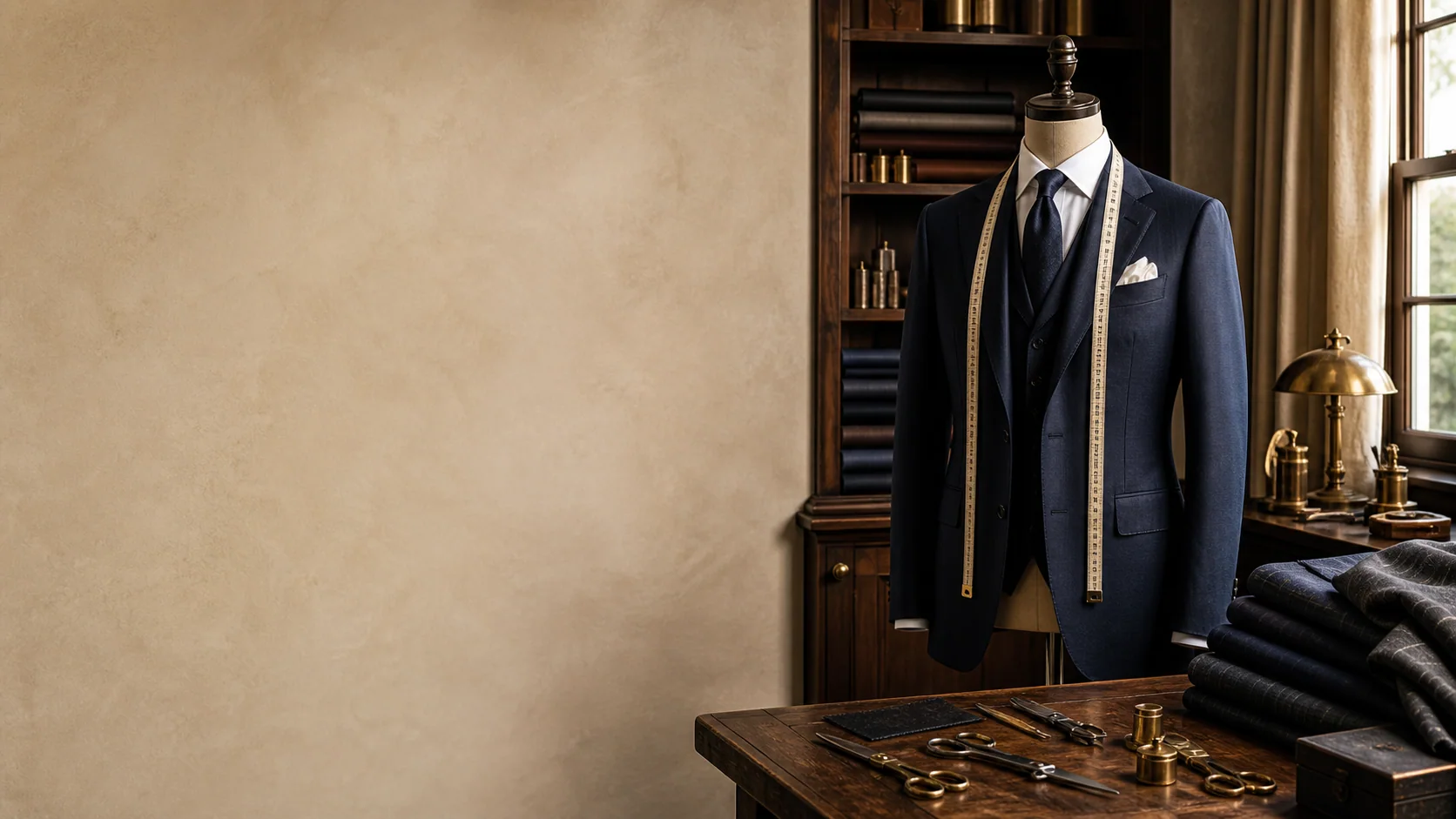 Luxury bespoke tailoring atelier with a navy suit on a mannequin, measuring tape, wool fabrics, and brass tools for Wuyue Bespoke Shanghai