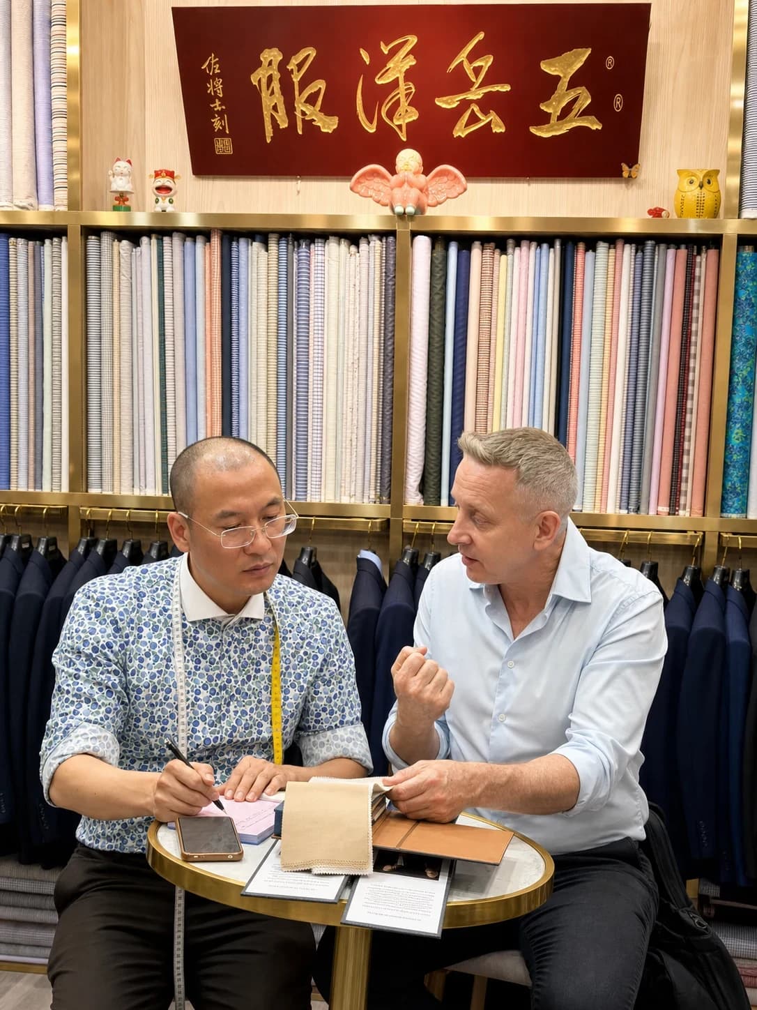 Wuyue tailor discussing custom garment details with an international visitor
