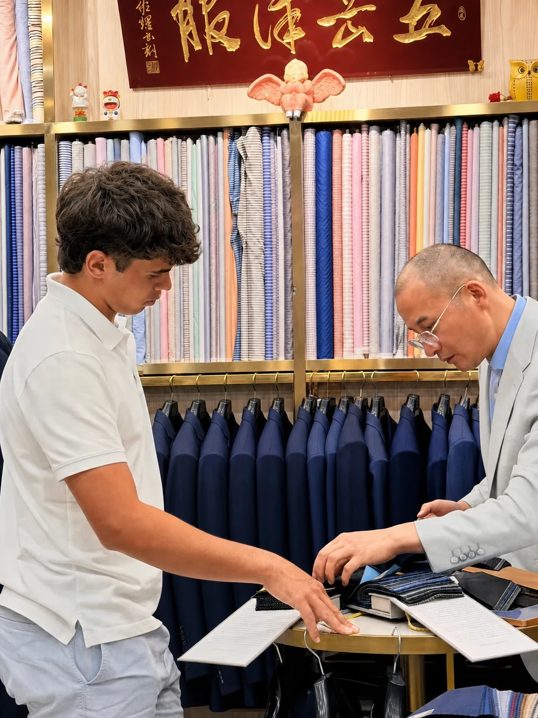 International visitor discussing fabric choices with an English-speaking Wuyue tailor in Shanghai