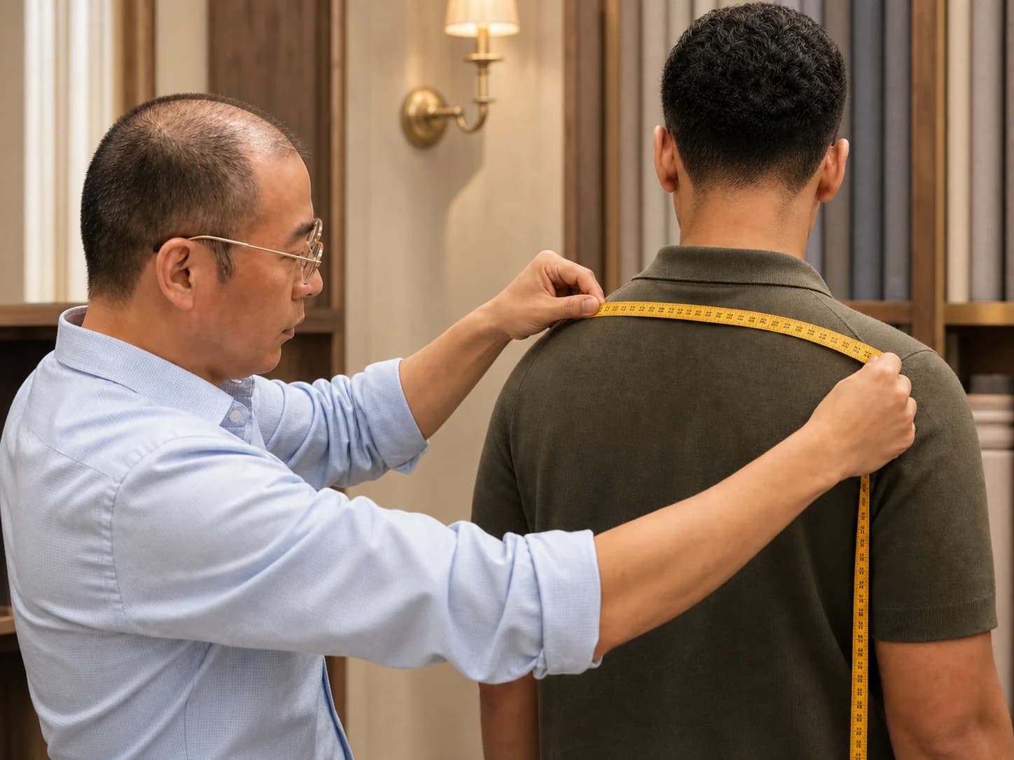 Shanghai tailor taking body measurements for a custom suit