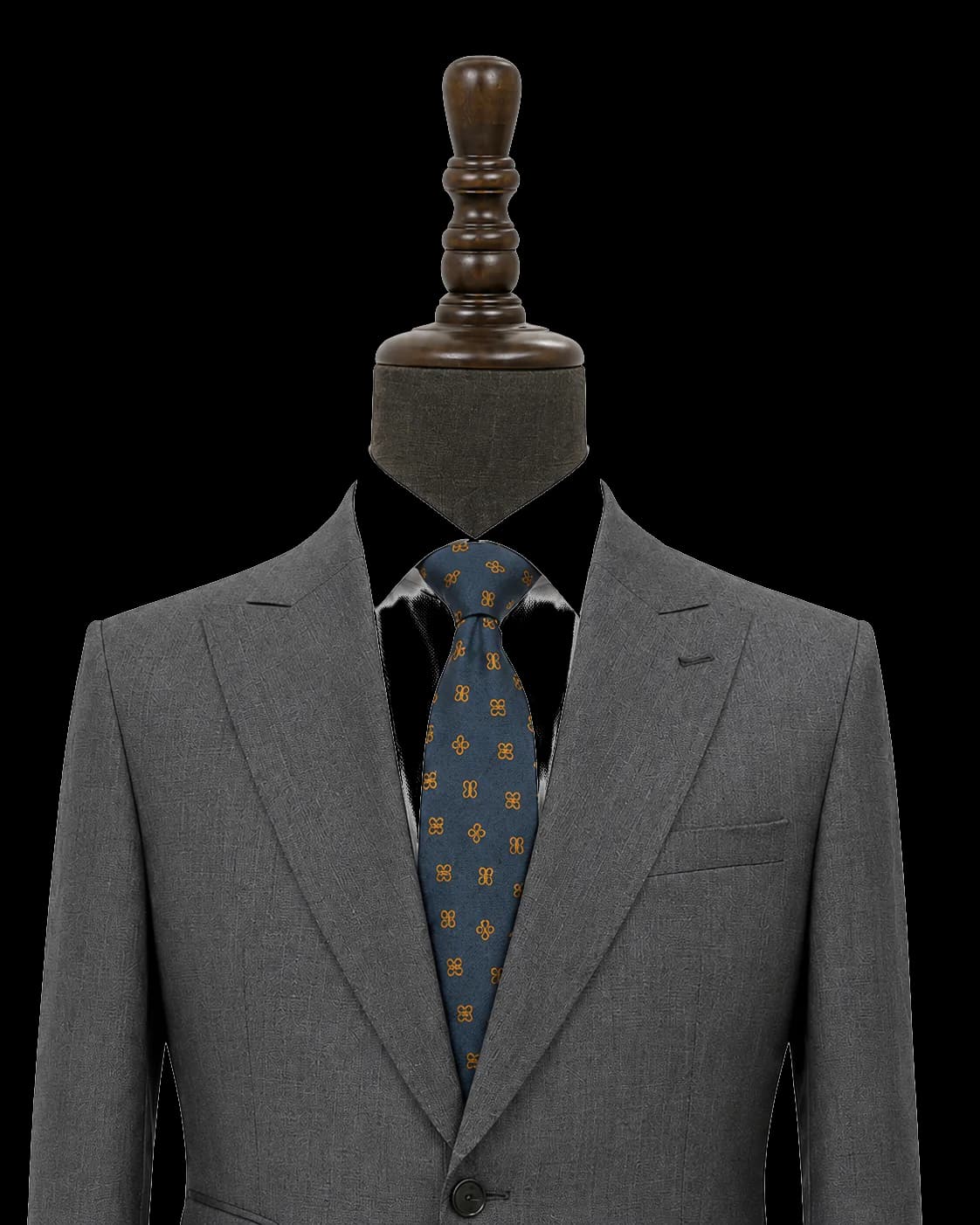 Close view of the lapel and chest structure on a grey Wuyue wool jacket
