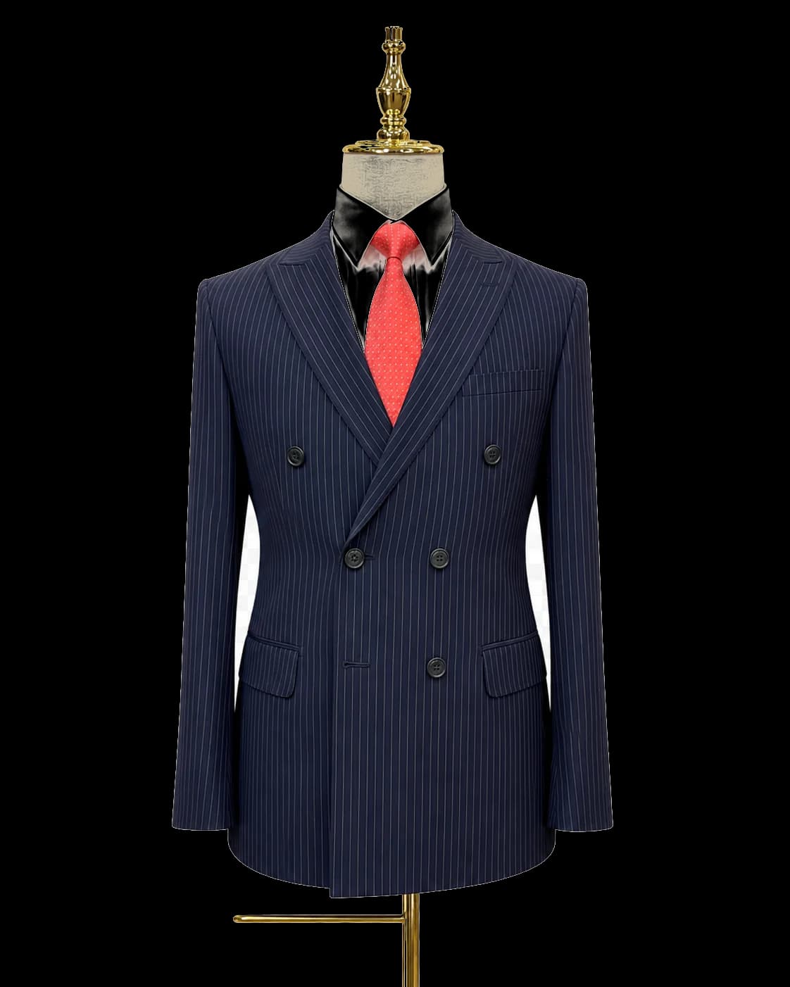 Finished navy pinstripe double-breasted Wuyue suit photographed for remote order confirmation