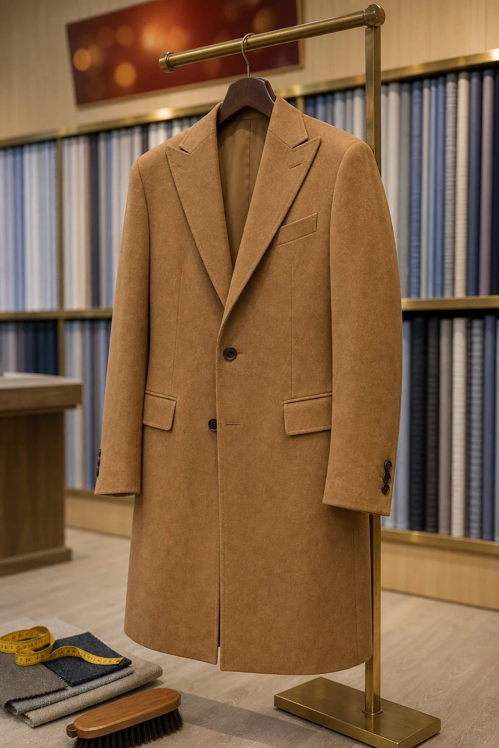 Camel custom overcoat displayed with fabric swatches and tailoring tools in the Wuyue Shanghai showroom
