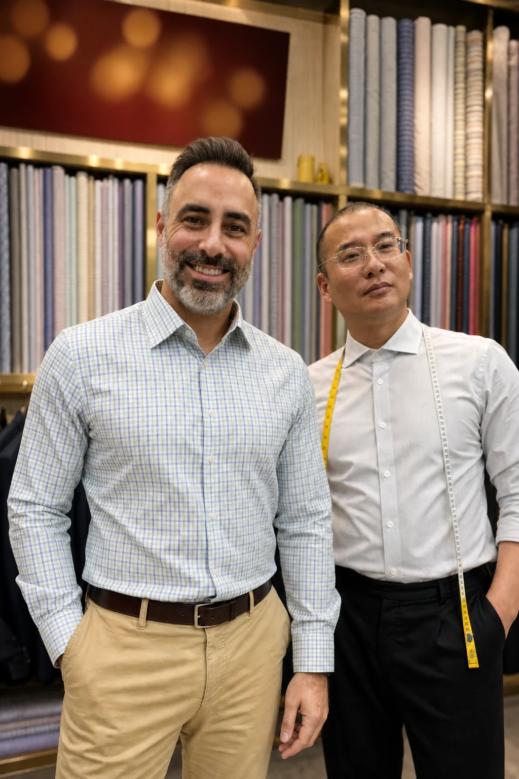 Customer and Wuyue tailor presenting a fitted checked custom shirt in the Shanghai showroom