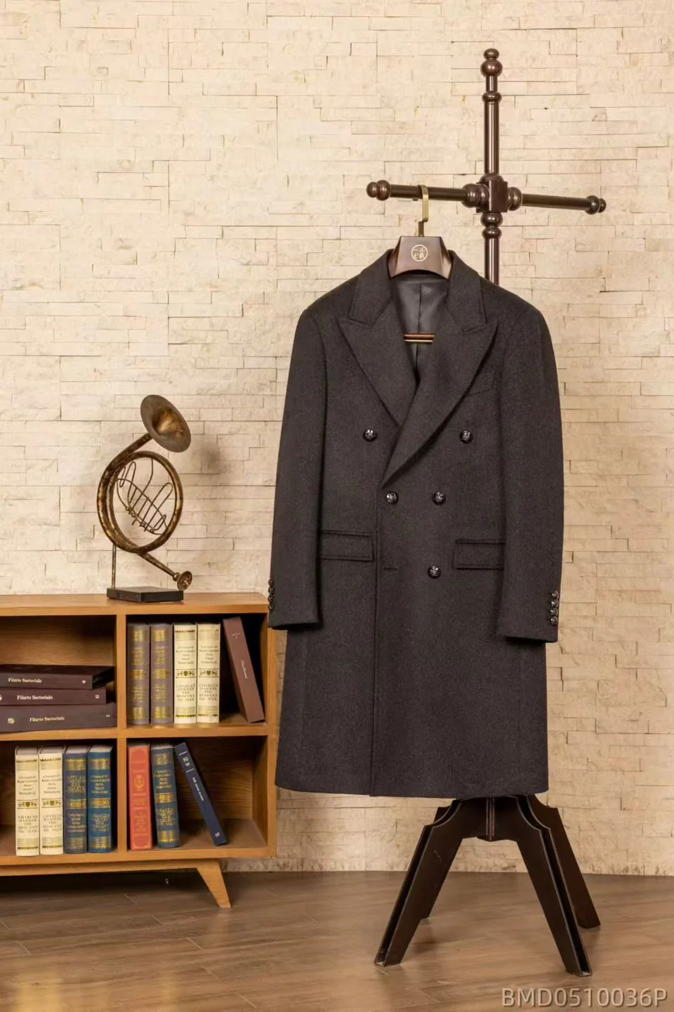 Charcoal double-breasted overcoat with cuff buttons and patch pockets