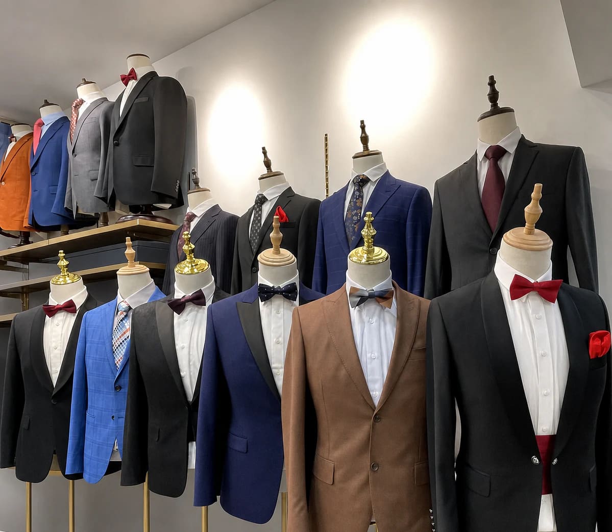 Formalwear mannequins and custom suit samples in the Wuyue tailoring shop
