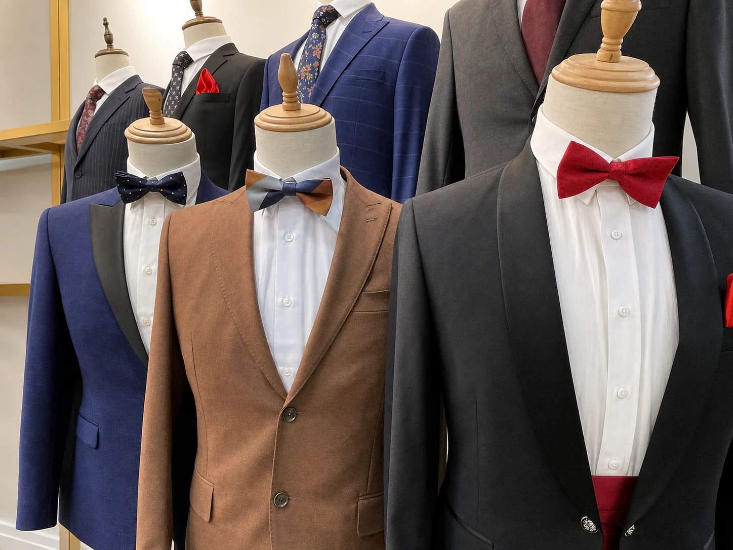 Close detail of formalwear mannequins with tuxedos, bow ties, and custom jackets