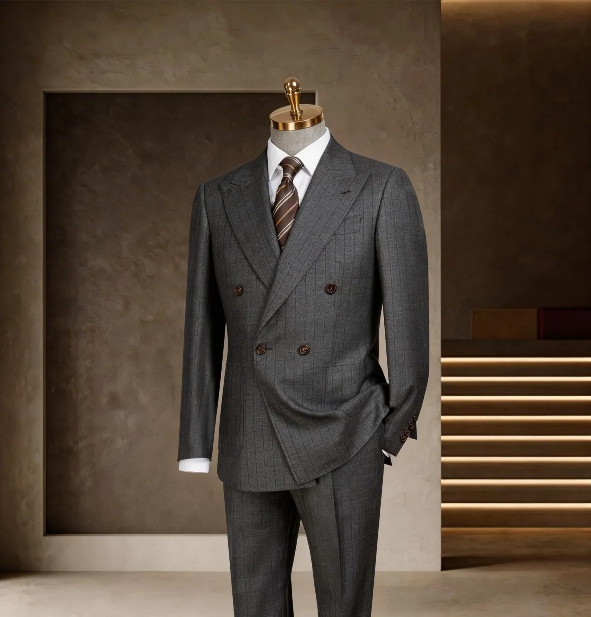 Banker Series look 1: Charcoal pinstripe, Double-breasted, Executive suit at Wuyue Bespoke Tailoring Shanghai