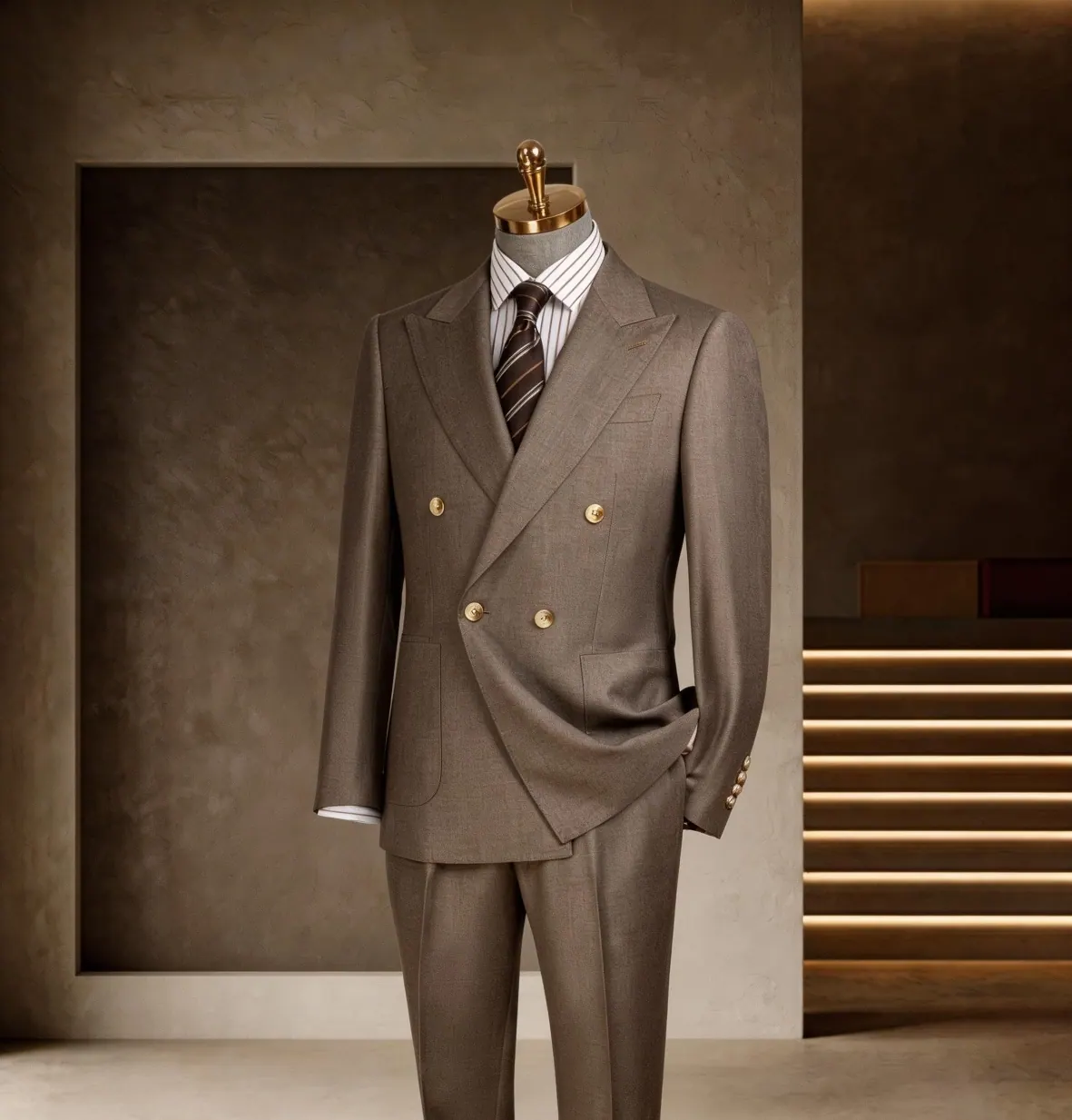 Banker Series look 2: Taupe double-breasted, Brass buttons, Old-money business at Wuyue Bespoke Tailoring Shanghai