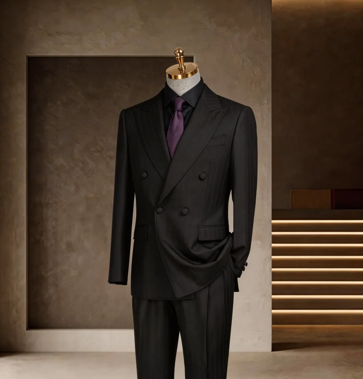 Banker Series look 5: Black double-breasted, Dark shirt, Evening business at Wuyue Bespoke Tailoring Shanghai