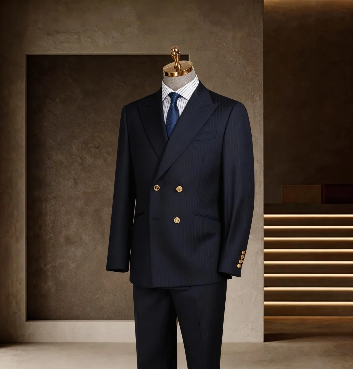 Banker Series look 6: Navy double-breasted, Brass buttons, Executive tailoring at Wuyue Bespoke Tailoring Shanghai