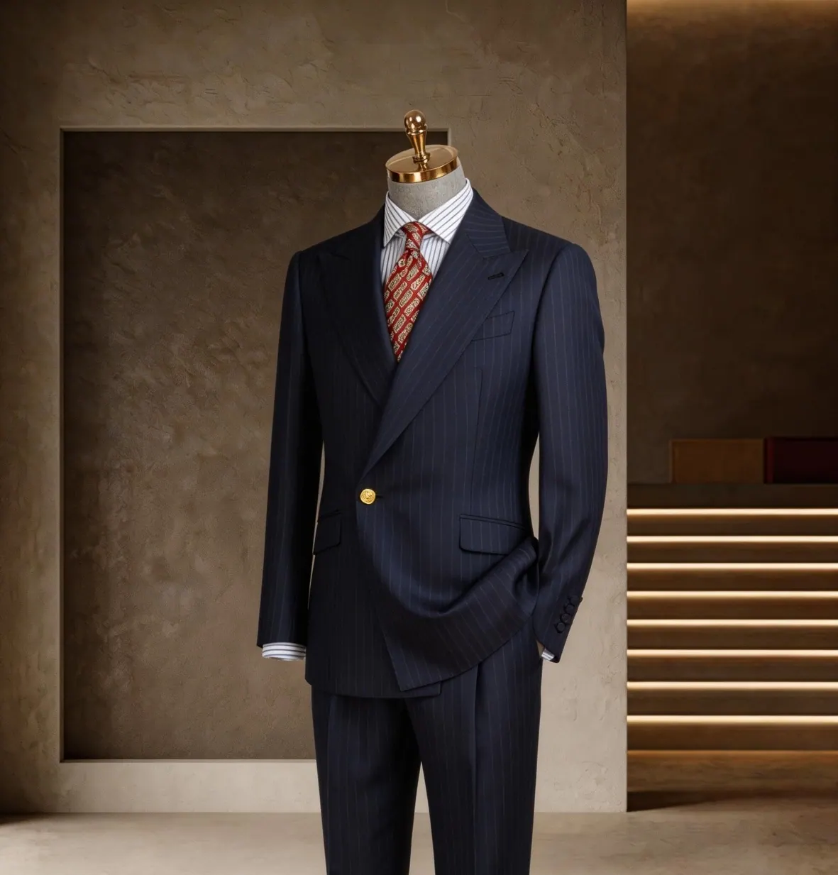 Banker Series look 8: Navy three-piece, Patterned tie, Classic banker at Wuyue Bespoke Tailoring Shanghai